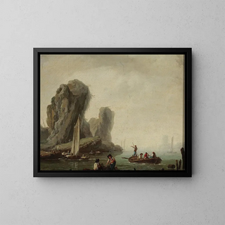View of the Sea with Fishing Boats - Jean-Baptiste Pillement — framed artwork on a wall