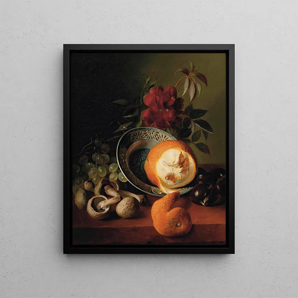 A Rose, Grapes, Mushrooms, an Orange and Chestnuts by Robie — framed art print