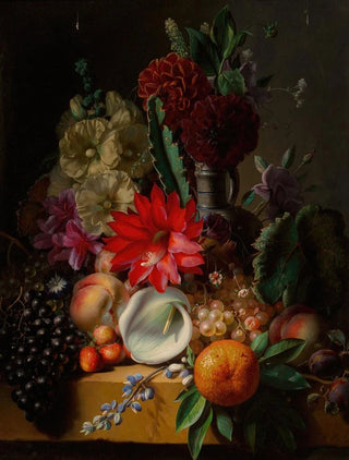 JeanBaptiste Robie - Still life with flowers and fruit on a ledge.webp