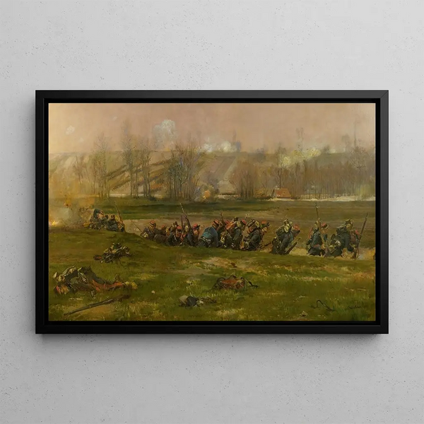 Allant au feu, a fragment of the panorama of the Battle of Champigny - Jean-Baptiste Édouard Detaille — framed artwork on a wall