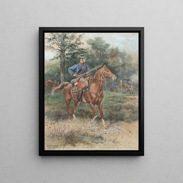 Hunter on horseback, mounted soldier - Jean - Baptiste Édouard Detaille — framed artwork on a wall