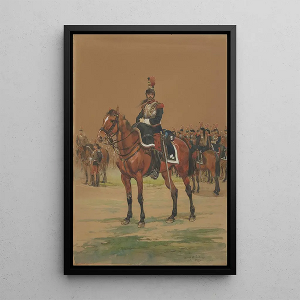 French cuirassier painting - Jean-Baptiste Édouard Detaille — framed artwork on a wall