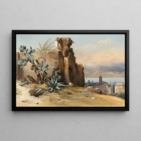 Ancient Ruins near Messina, Sicily - Jean-Charles Joseph Rémond — framed artwork on a wall