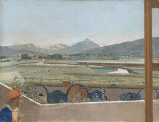 View of Mont Blanc massif from the artists' studio in Geneva with a self-portrait - Jean-Étienne Liotard — artwork view