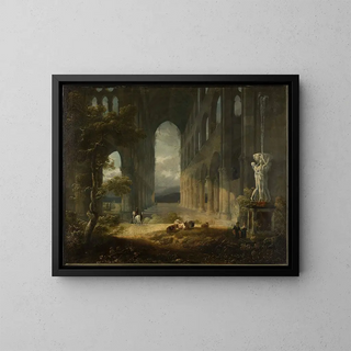 Ruines fantastiques avec une scène pastorale - Jean-François Depelchin — framed artwork on a wall