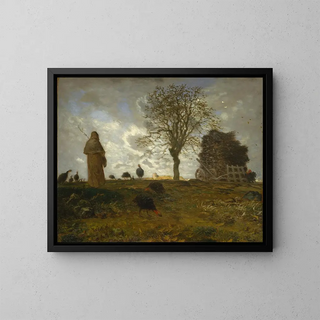 Autumn Landscape with a Flock of Turkeys - Jean-François Millet — framed artwork on a wall