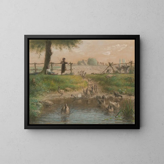 Children of Peasant Farmers at the Pond with Geese - Jean-François Millet — framed artwork on a wall