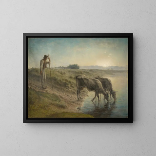 Peasant watering his cows on the banks of the Allier at sunset - Jean-François Millet — framed artwork on a wall