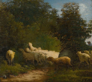 Sheep grazing along a hedge - Jean-François Millet — artwork view