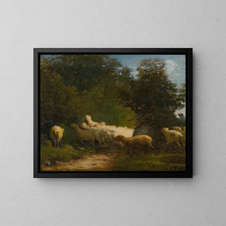 Sheep grazing along a hedge - Jean-François Millet — framed artwork on a wall