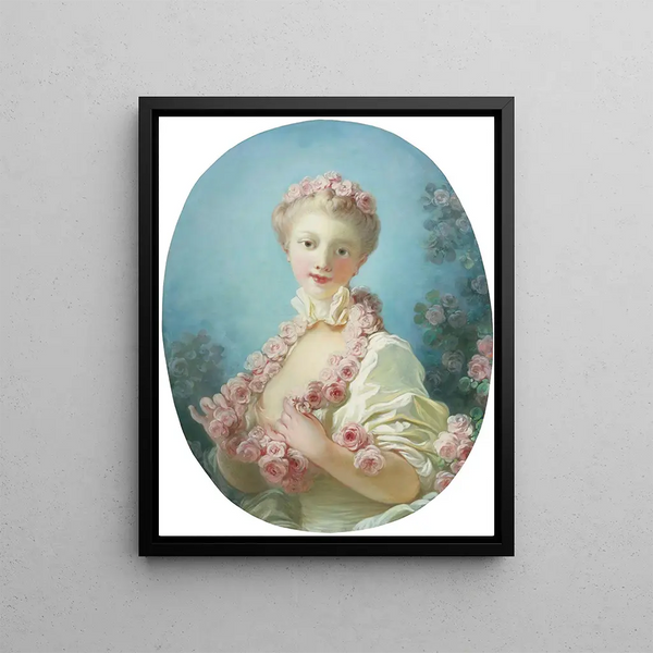 a young blonde woman with a garland of roses around her neck - Jean-Honoré Fragonard — framed artwork on a wall