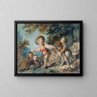 Children playing with two dogs - Jean-Honoré Fragonard — framed artwork on a wall