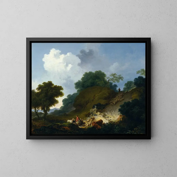 Landscape painting with shepherds and a flock of sheep - Jean-Honoré Fragonard — framed artwork on a wall