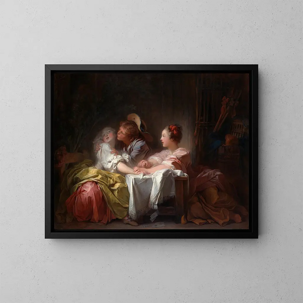 The Stolen Kiss - Jean-Honoré Fragonard — framed artwork on a wall