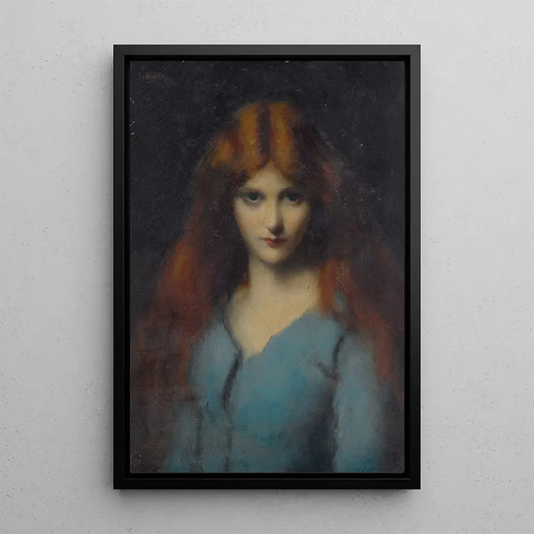 Head of a young girl in a blue dress - Jean-Jacques Henner — framed artwork on a wall