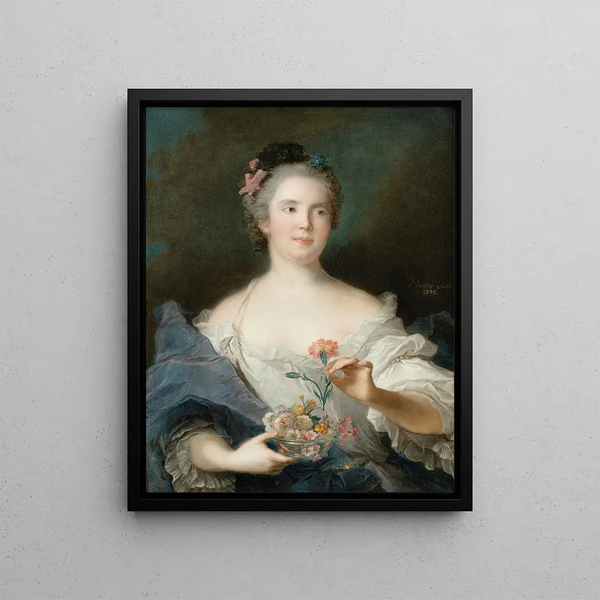 Portrait of a lady holding a carnation, known as the Duchess of Châteauroux - Jean-Marc Nattier — framed artwork on a wall