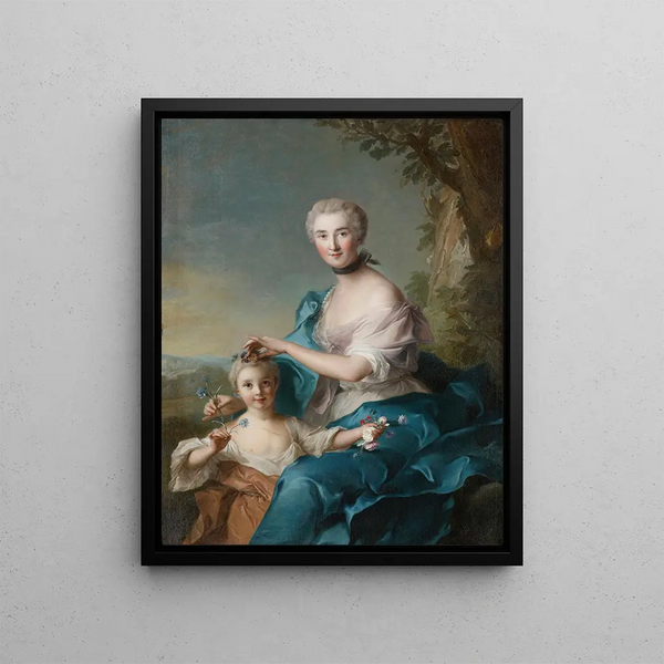 Portrait of Madame Crozat de Thiers and her daughter - Jean-Marc Nattier — framed artwork on a wall