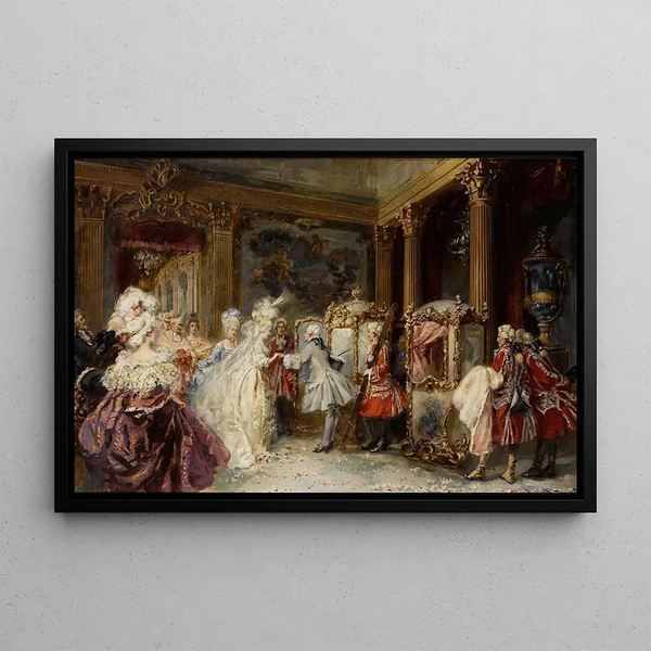 Elegant figures entering sedan chairs - Jean-Paul Sinibaldi — framed artwork on a wall