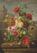 Roses, poppies, honeysuckle and polyanthus painting in an urn on a stone ledge - Jean-Pierre Lays — artwork view