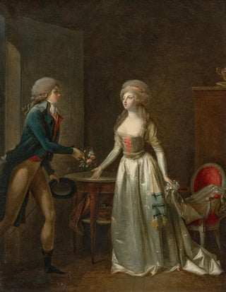 JeanSimon Fournier - A young man presenting a lady with a bouquet of flowers in an interior.webp