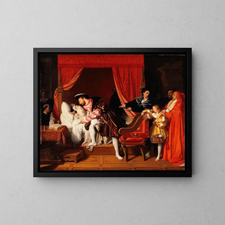 François I Painting receives the last breaths of Leonardo da Vinci - Jean-Auguste-Dominique Ingres — framed artwork on a wall