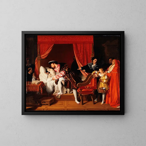François I Painting receives the last breaths of Leonardo da Vinci - Jean-Auguste-Dominique Ingres — framed artwork on a wall