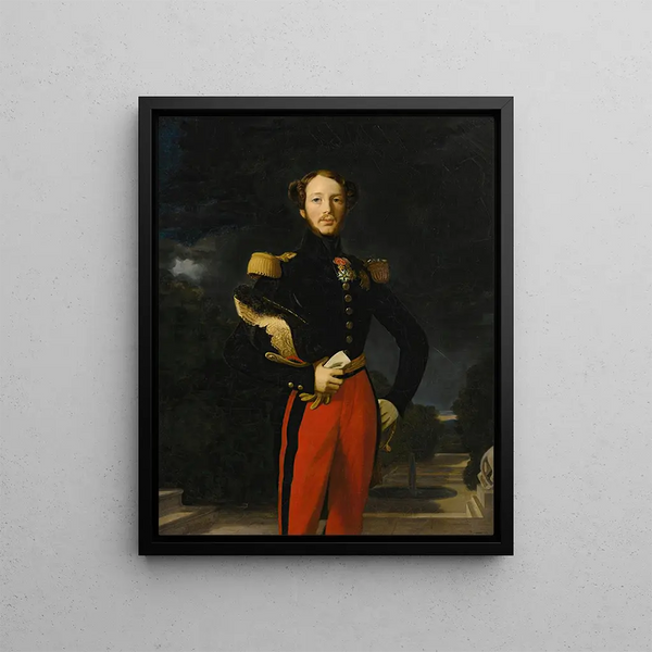 Portrait of Prince Ferdinand-Philippe, Duke of Orléans, in front of the garden of the Château de Saint-Cloud - Jean-Auguste-Dominique Ingres — framed artwork on a wall