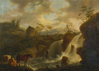 a horse and cows near a turbulent river - Jean Baptiste De Roy — artwork view