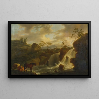 a horse and cows near a turbulent river - Jean Baptiste De Roy — framed artwork on a wall