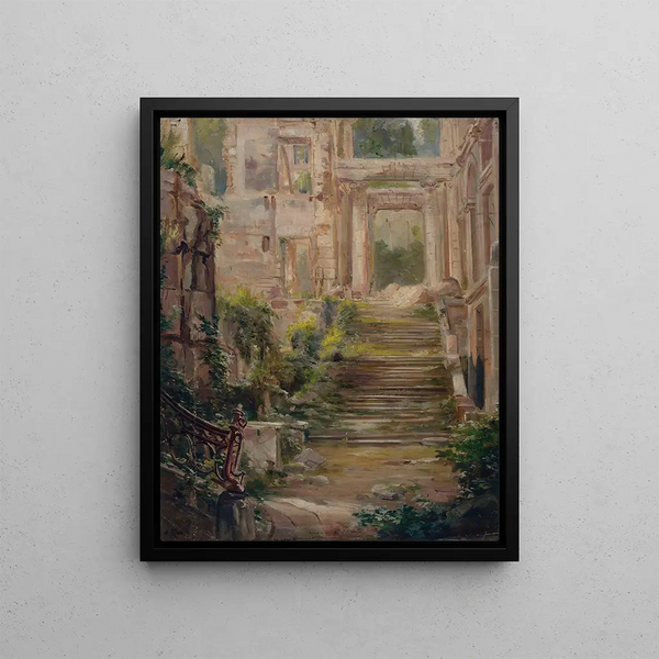Ruins of the Château de Saint-Cloud, the Grand Staircase - Jean Baptiste Edmond Allouard — framed artwork on a wall