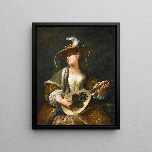 a lady playing the mandolin - Jean Barbault — framed artwork on a wall