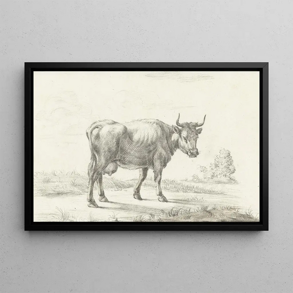 Cow walking to the right - Jean Bernard — framed artwork on a wall
