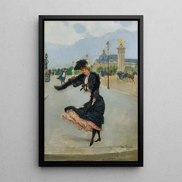 Elegant painting in front of the Grand Palais on the Alexandre III bridge - Jean Béraud — framed artwork on a wall