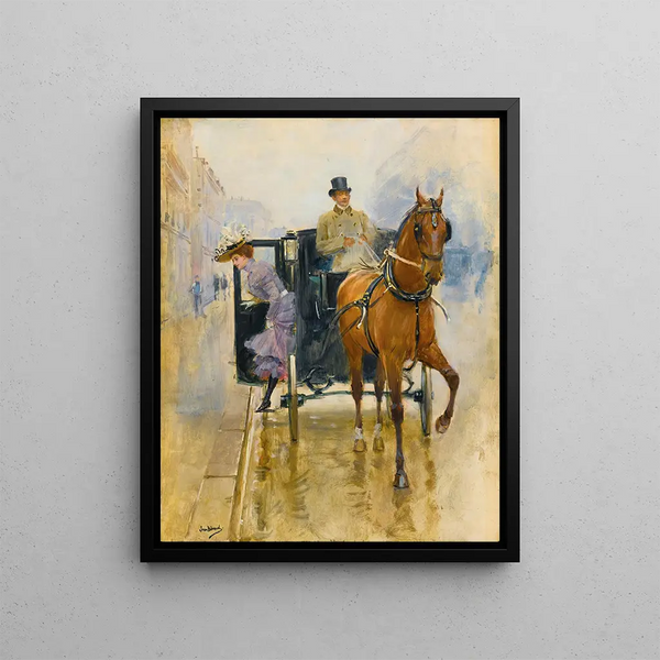 Young woman descending from a fiacre - Jean Béraud — framed artwork on a wall