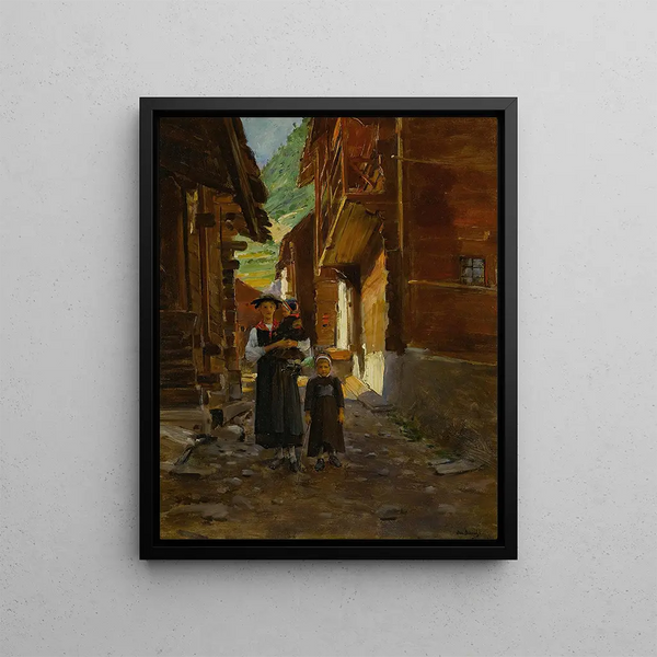 Young woman and children in a mountain landscape - Jean Béraud — framed artwork on a wall