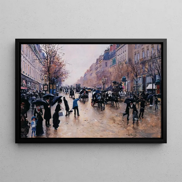 Le boulevard Poissonnière sous la pluie - Jean Béraud — framed artwork on a wall