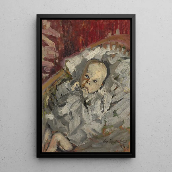 Child in the cradle - Jean Brusselmans — framed artwork on a wall