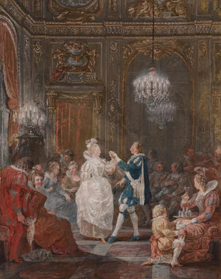 Jean Dmosthne Dugourc - A party in a Louis XVI interior lit by a candelabra and a torchere with a couple dancing the minuet.webp
