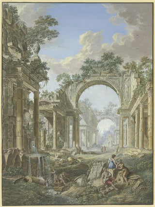 Jean Franois Gout - Rmische Ruinen links ein Brunnen mit Staffage.webp
