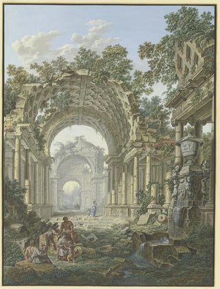 Jean Franois Gout - Rmische Ruinen rechts ein Brunnen mit Staffage.webp