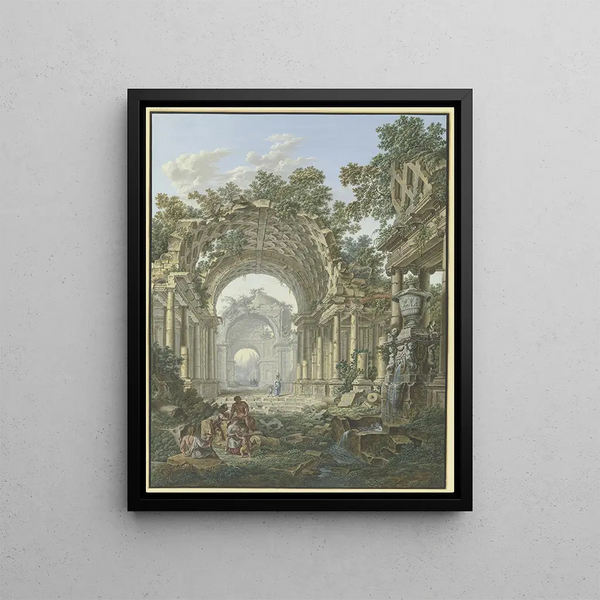 Ruins romaines à droite une fontaine avec staffage - Jean François Gout — framed artwork on a wall