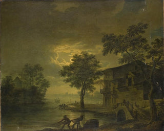 Landscape painting of a river scene with fishermen by moonlight - Jean François Hu — artwork view