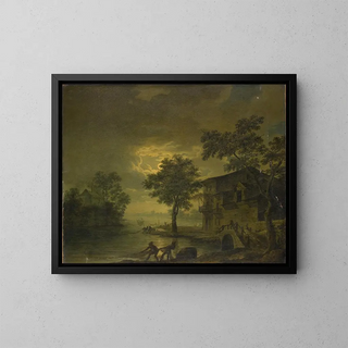 Landscape painting of a river scene with fishermen by moonlight - Jean François Hu — framed artwork on a wall