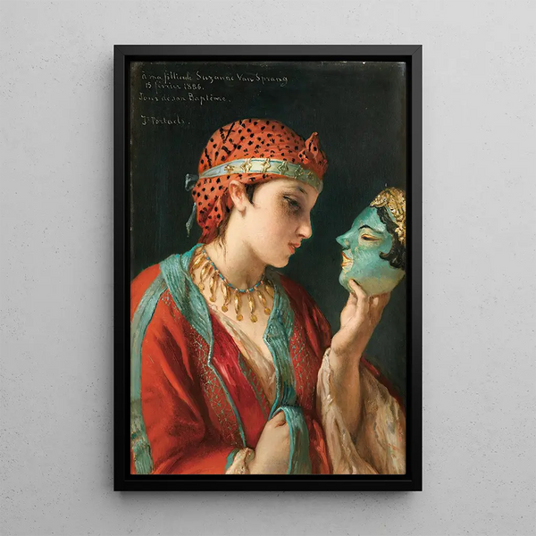 Portrait of a Young Girl with a Mask - Jean François Portaels — framed artwork on a wall