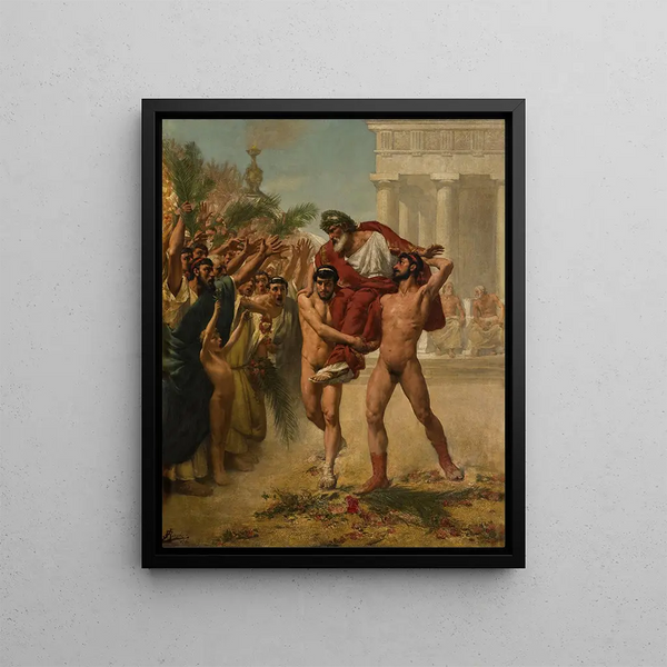 Diagoras carried triumphantly by his sons - Jean Guillaume Rosier — framed artwork on a wall