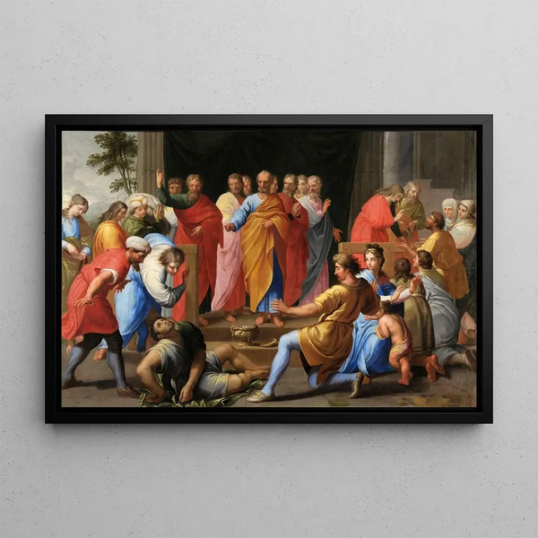 Saint Pierre frappe de mort Ananie - Jean Hlart — framed artwork on a wall