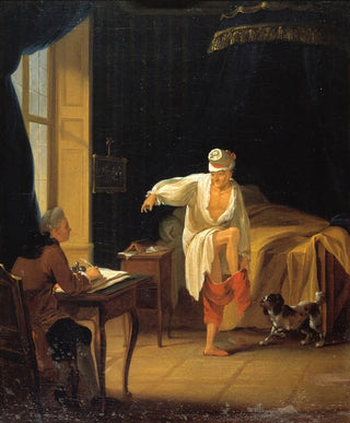 Jean Huber - Voltaire son lever Ferney dictant son secrtaire Collini.webp