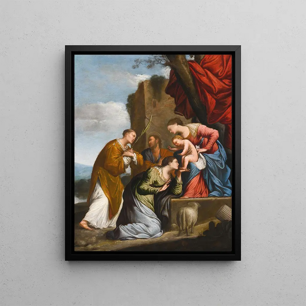 Adoration of the Child Jesus with three saints - Jean Le Clerc — framed artwork on a wall