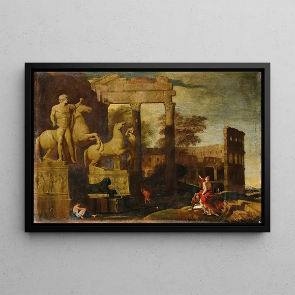 Landscape Painting with the Dioscuri and Ancient Ruins Animated by Figures - Jean Lemaire — framed artwork on a wall