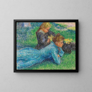 Young girls lying on the grass - Jean Peske — framed artwork on a wall